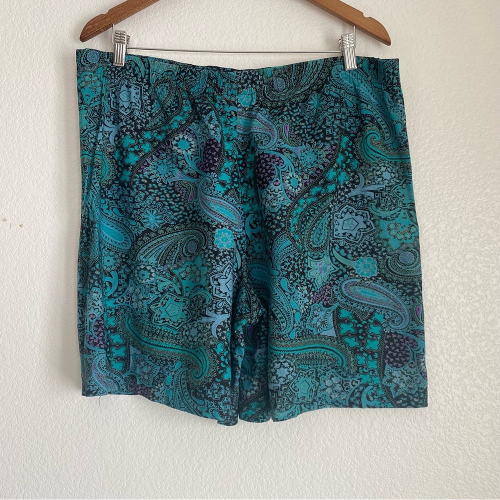 Vintage Voice teal and purple paisley elastic waist rayon shorts